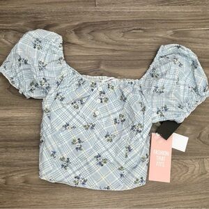 Celebrity Pink Light Blue Floral Plaid Puff Sleeve Crop Top